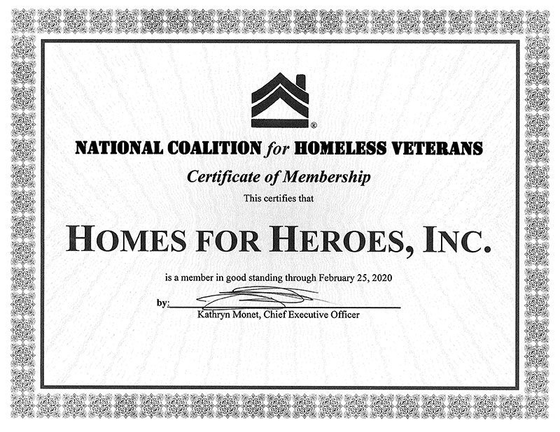National Coalition for Homeless Veterans certificate